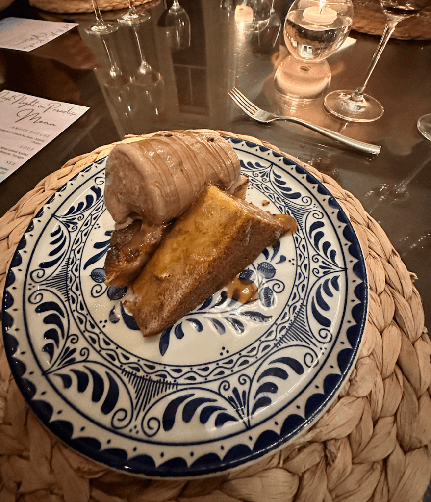 Petite rum cake 'french toast' with salted orange caramel mocha gelato. 